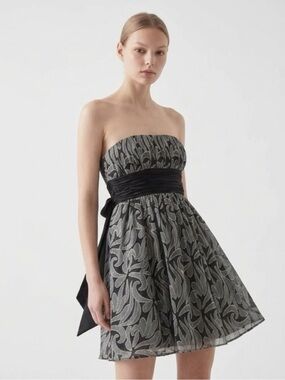 BCBGMaxAzria Black and Silver Strapless A-Line Cocktail Dress